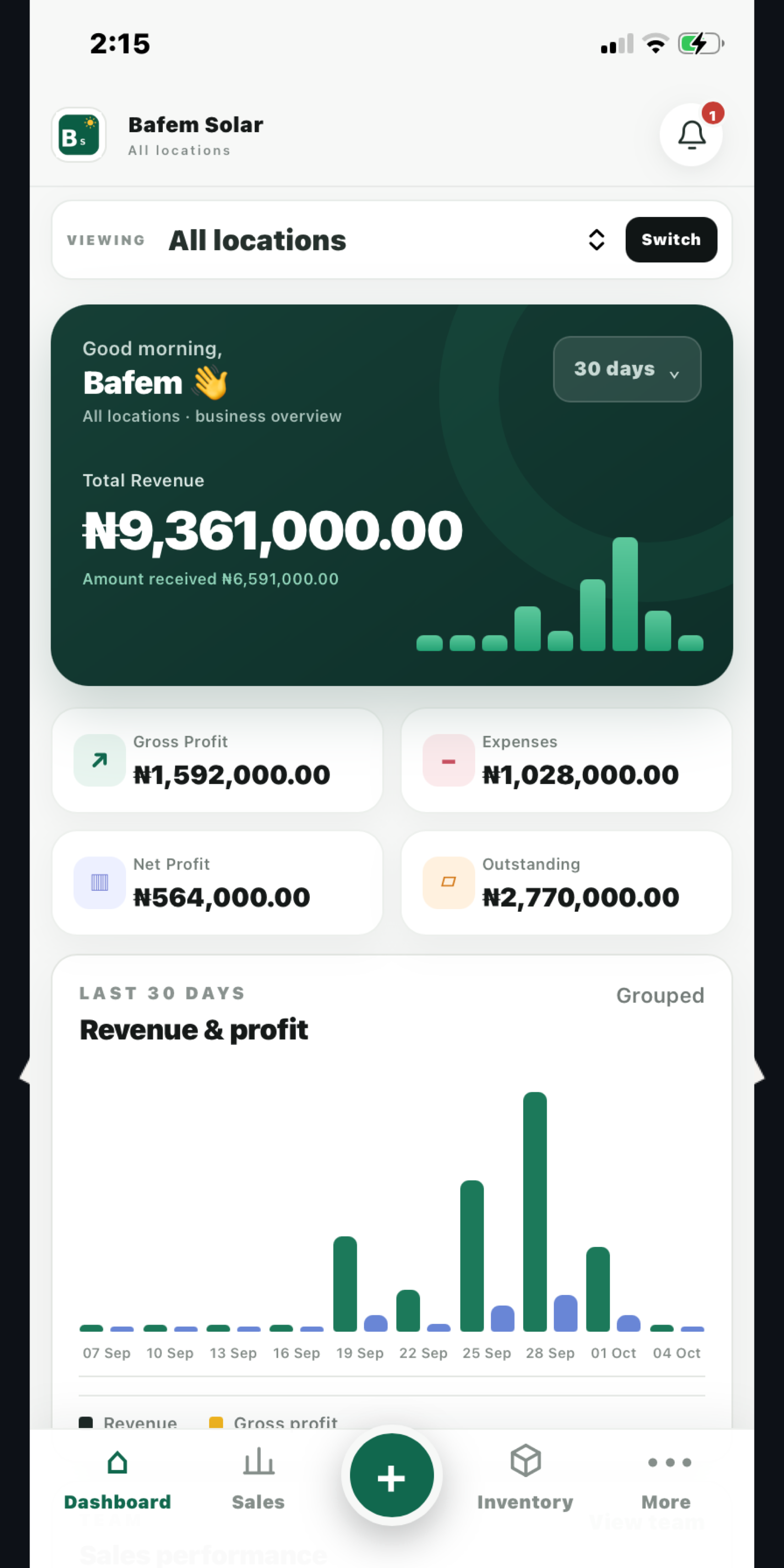 Bafem Solar mobile demo showing branch sales, profit and stock navigation